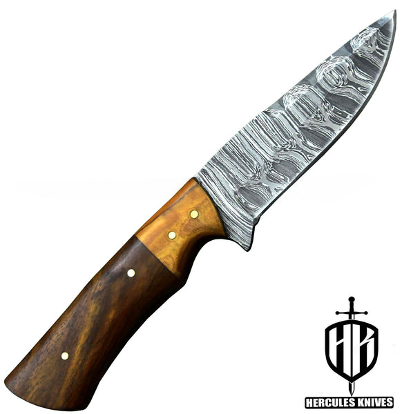 Q910-Custom Hand Forged Damascus Steel Camping Survival Hunting Knife with Walnut & Olive Handle | Handmade | Leather Sheath