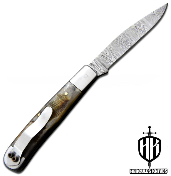 C640-EDC Pocket Folding Knife, Made of Custom Hand Forged Damascus Steel With Rams Horn Handle and Leather Sheath