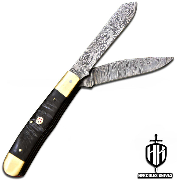 C553-EDC Pocket Folding Knife, Made of Custom Hand Forged Damascus Steel With Rams Horn Handle and Leather Sheath