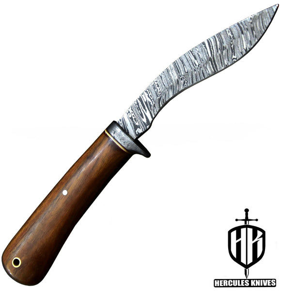 Q721-Custom Hand Forged Damascus Steel Kukri Camping Survival Hunting Knife with Walnut Handle | Handmade | Leather Sheath