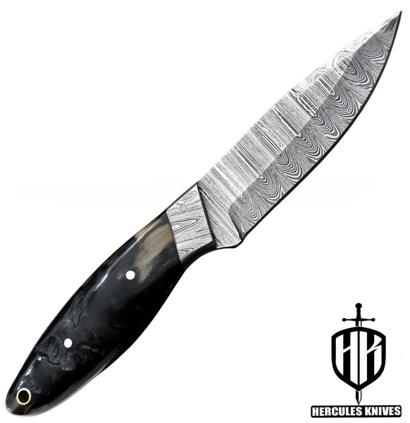 T114-Custom Hand Forged Damascus Steel Fixed Blade Camping Knife with Rams Horn Handle | Handmade | Leather Sheath