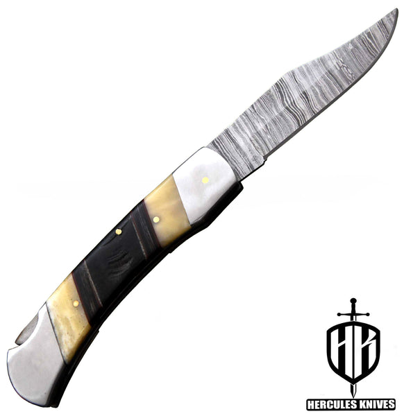 C628-EDC Pocket Folding Knife, Made of Custom Hand Forged Damascus Steel With Camel Bone & Rams Horn Handle and Leather Sheath