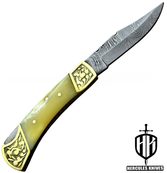 C513-EDC Pocket Folding Knife, Made of Custom Hand Forged Damascus Steel with Camel Bone Handle and Leather Sheath.