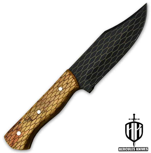 Q474-Custom 440C Steel Falcon Ridge Fixed Blade Camping Hunting Knife with Olive Handle | Handmade | Leather Sheath