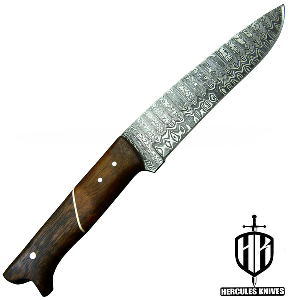 Q702-Custom Hand Forged Damascus Steel Camping Survival Knife with Walnut Handle | Handmade | Leather Sheath