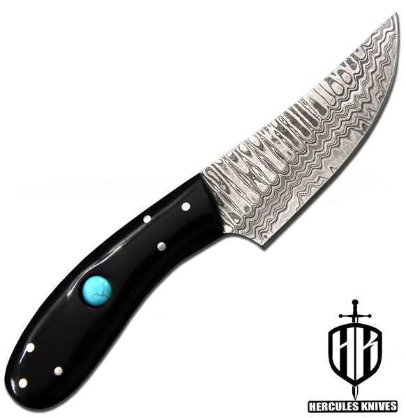 J719-Custom Hand Forged Damascus Steel Camping Knife with Horn Handle | Handmade | Leather Sheath