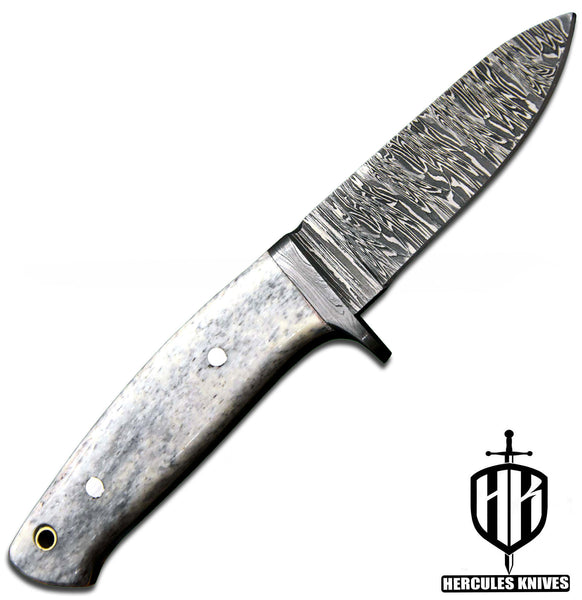 J704-Custom Hand Forged Damascus Steel Fixed Blade Camping Knife with Camel Bone Handle | Handmade | Leather Sheath