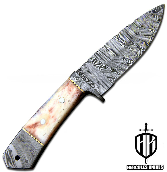 J644-Custom Hand Forged Damascus Steel Fixed Blade Camping Knife with Camel Bone Handle | Handmade | Leather Sheath