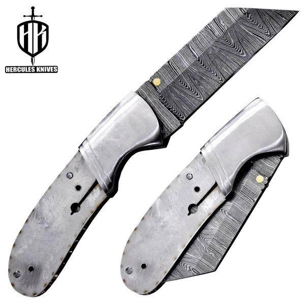 FL855-Custom Hand Forged Damascus Steel Pocket Folding Blank Knife Camping EDC Knife With Steel Bolster