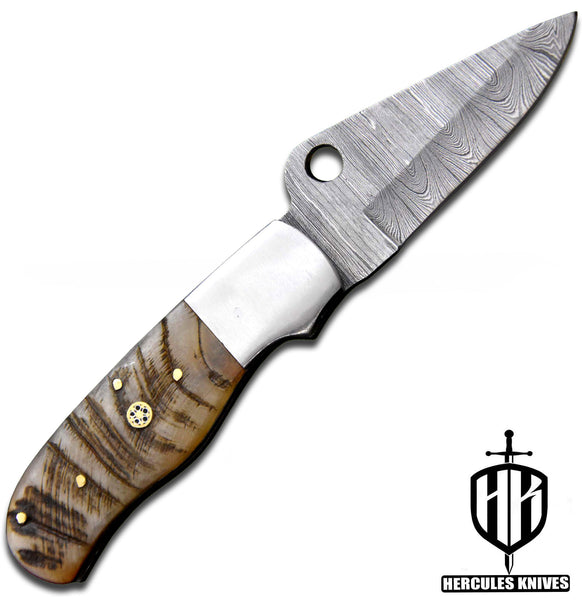 C632-EDC Pocket Folding Knife, Made of Custom Hand Forged Damascus Steel With Rams Horn Handle and Leather Sheath