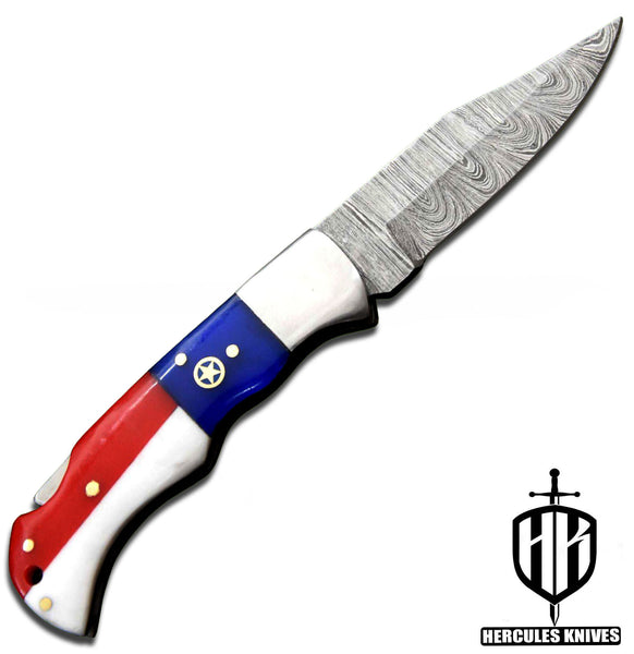 C656-EDC Pocket Folding Knife, made of Custom Hand Forged Damascus Steel with Texas Handle and Leather Sheath.