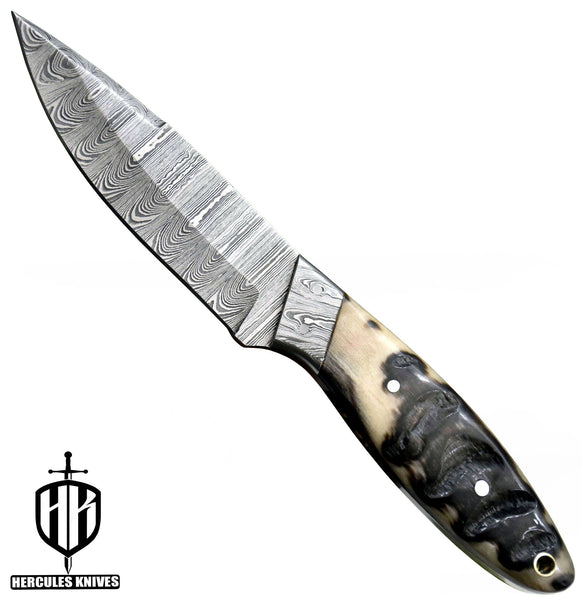 T114-Custom Hand Forged Damascus Steel Fixed Blade Camping Knife with Rams Horn Handle | Handmade | Leather Sheath
