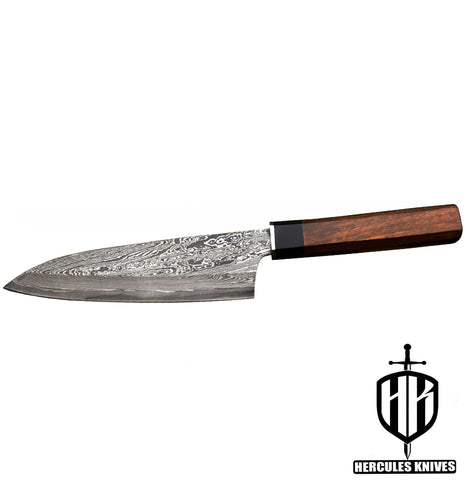 J76-Custom Hand Forged Damascus Steel Chef Kitchen Knife With Walnut & Horn Handle Handmade