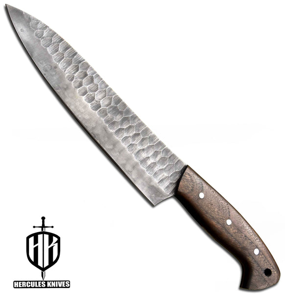 J925-Hammered Spring Steel 5160 Chef Knife Handmade Walnut Handle, No Damascus