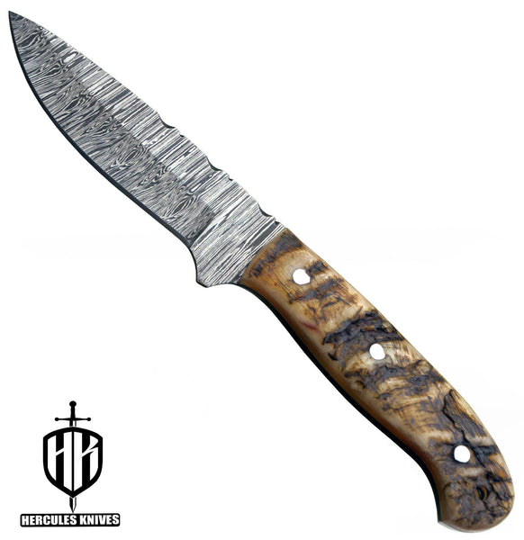 T27-Custom Hand Forged Damascus Steel Fixed Blade Camping Knife with Rams Horn Handle | Handmade | Leather Sheath