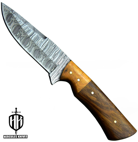 Q910-Custom Hand Forged Damascus Steel Camping Survival Hunting Knife with Walnut & Olive Handle | Handmade | Leather Sheath