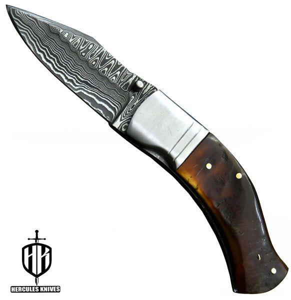 C388-EDC Pocket Folding Knife, Made of Custom Hand Forged Damascus Steel With Rams Horn Handle and Leather Sheath.