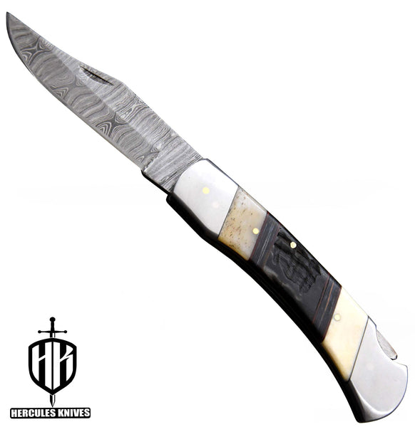 C628-EDC Pocket Folding Knife, Made of Custom Hand Forged Damascus Steel With Camel Bone & Rams Horn Handle and Leather Sheath