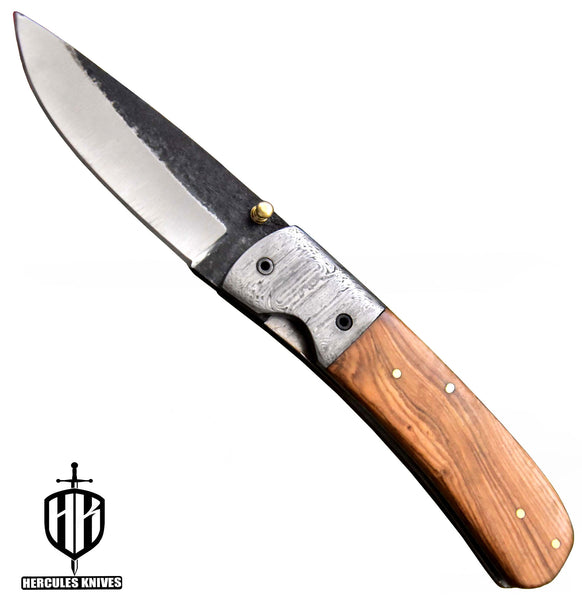 C587-EDC Pocket Folding Knife Custom Hand Forged Hammered Spring Steel 5160 With Olive Handle and Leather Sheath