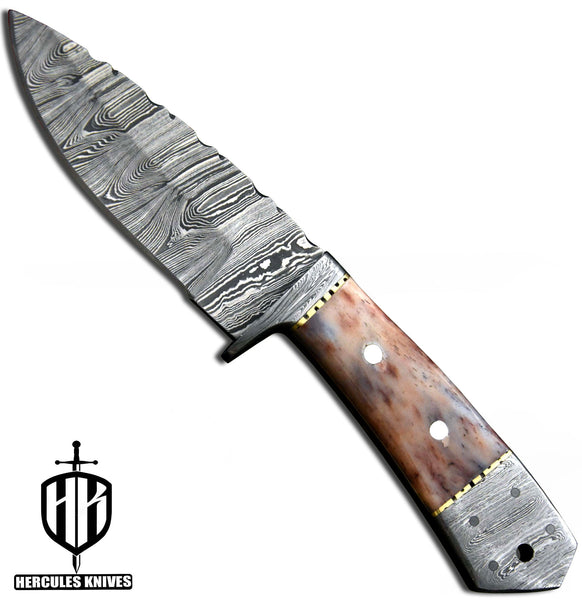 J644-Custom Hand Forged Damascus Steel Fixed Blade Camping Knife with Camel Bone Handle | Handmade | Leather Sheath