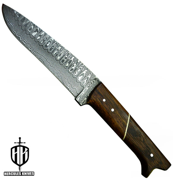 Q702-Custom Hand Forged Damascus Steel Camping Survival Knife with Walnut Handle | Handmade | Leather Sheath