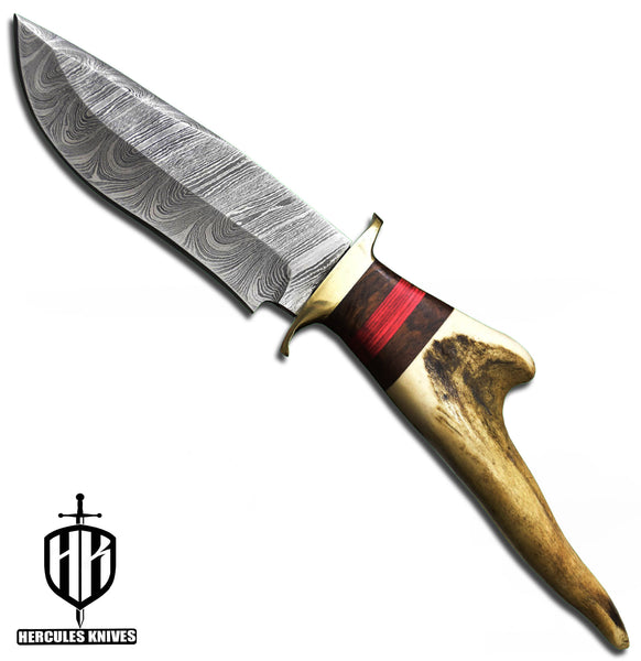 J958-Custom Hand Forged Damascus Steel Camping Knife with Stag Horn Handle | Handmade | Leather Sheath