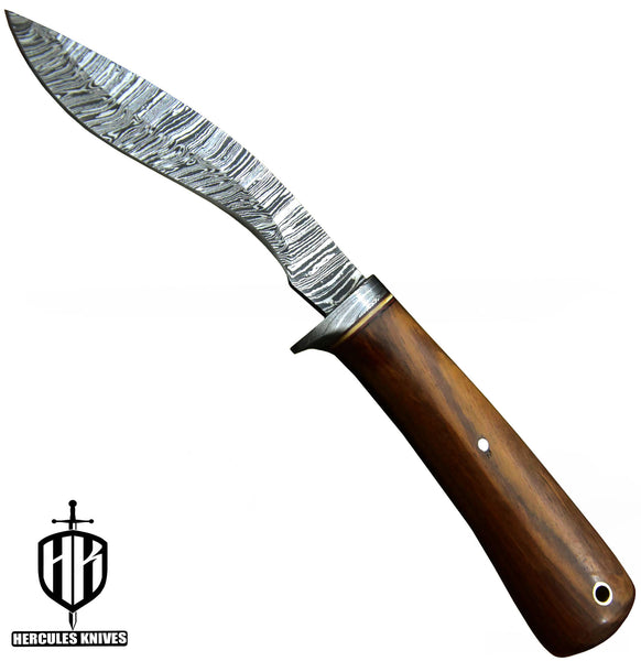 Q721-Custom Hand Forged Damascus Steel Kukri Camping Survival Hunting Knife with Walnut Handle | Handmade | Leather Sheath
