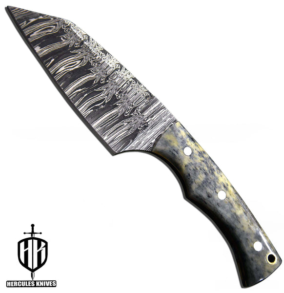 J700-Custom Hand Forged Damascus Steel Fixed Blade Camping Knife With Camel Bone Handle | Handmade | Leather Sheath