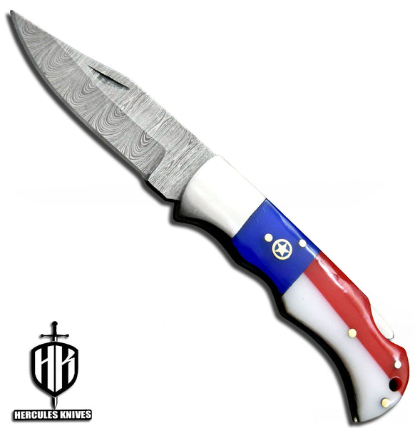 C656-EDC Pocket Folding Knife, made of Custom Hand Forged Damascus Steel with Texas Handle and Leather Sheath.