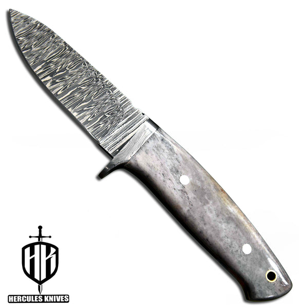 J704-Custom Hand Forged Damascus Steel Fixed Blade Camping Knife with Camel Bone Handle | Handmade | Leather Sheath
