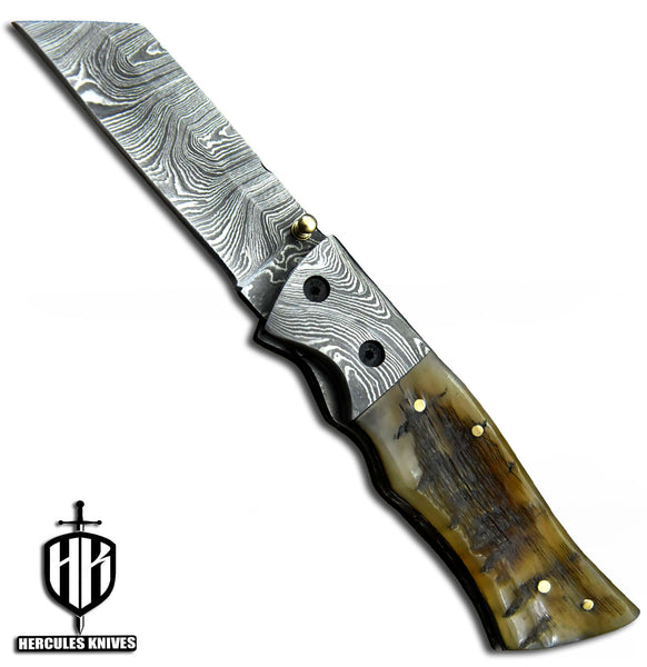C393-EDC Pocket Folding Knife, Made of Custom Hand Forged Damascus Steel With Rams Horn Handle and Leather Sheath