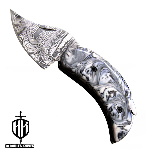 C604-EDC Pocket Folding Knife, made of Custom Hand Forged Damascus Steel with Resin Handle and Leather Sheath