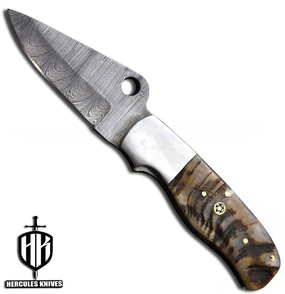 C632-EDC Pocket Folding Knife, Made of Custom Hand Forged Damascus Steel With Rams Horn Handle and Leather Sheath