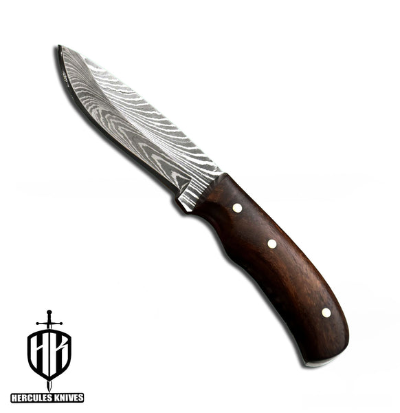 A488-Custom Damascus Steel Skinner Hunting Knife with Walnut Handle | Handmade | Leather Sheath