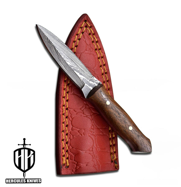 A456-Custom Damascus Steel Skinner Dagger Hunting Knife with Walnut Handle | Handmade | Leather Sheath