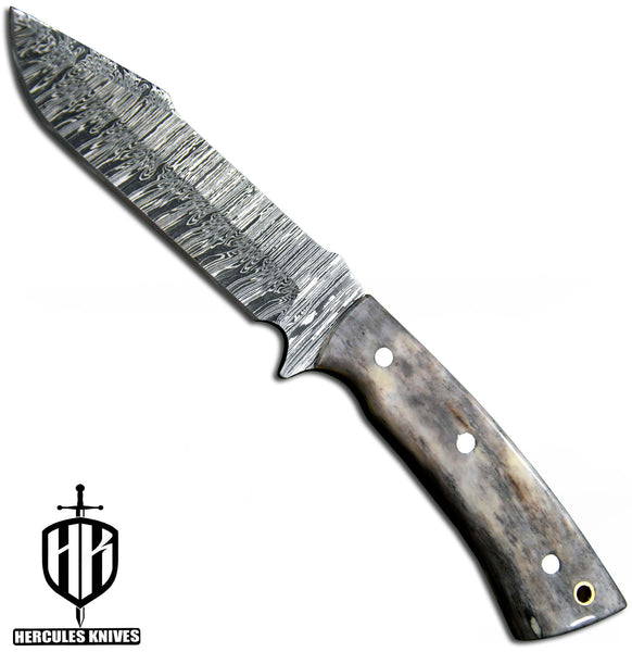 J693-Custom Hand Forged Damascus Steel Fixed Blade Camping Knife with Camel Bone Handle | Handmade | Leather Sheath