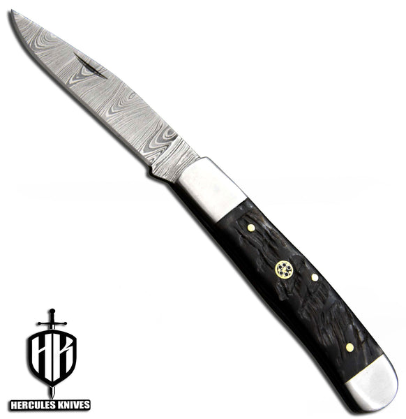 C640-EDC Pocket Folding Knife, Made of Custom Hand Forged Damascus Steel With Rams Horn Handle and Leather Sheath