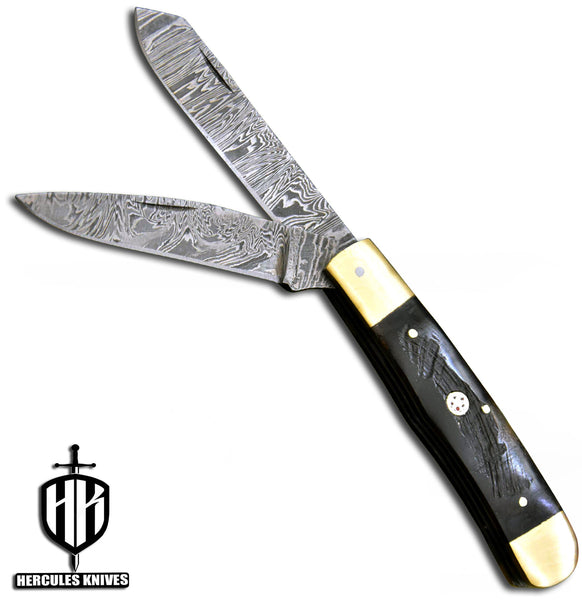 C553-EDC Pocket Folding Knife, Made of Custom Hand Forged Damascus Steel With Rams Horn Handle and Leather Sheath