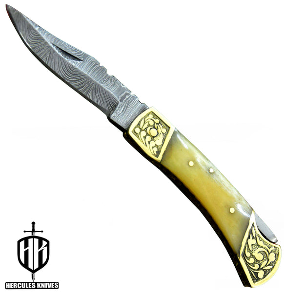 C513-EDC Pocket Folding Knife, Made of Custom Hand Forged Damascus Steel with Camel Bone Handle and Leather Sheath.