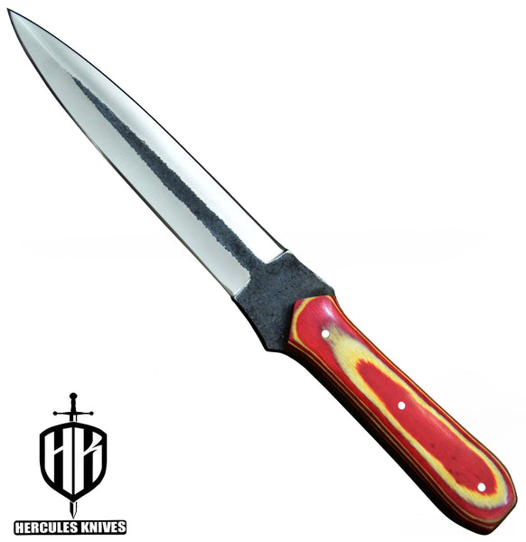 Q993-Custom Hand Forged Hammered Spring Steel 5160 Camping Survival Dagger Knife with Wooden Handle | Handmade | Leather Sheath