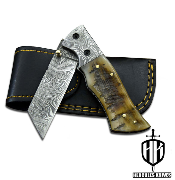 C393-EDC Pocket Folding Knife, Made of Custom Hand Forged Damascus Steel With Rams Horn Handle and Leather Sheath