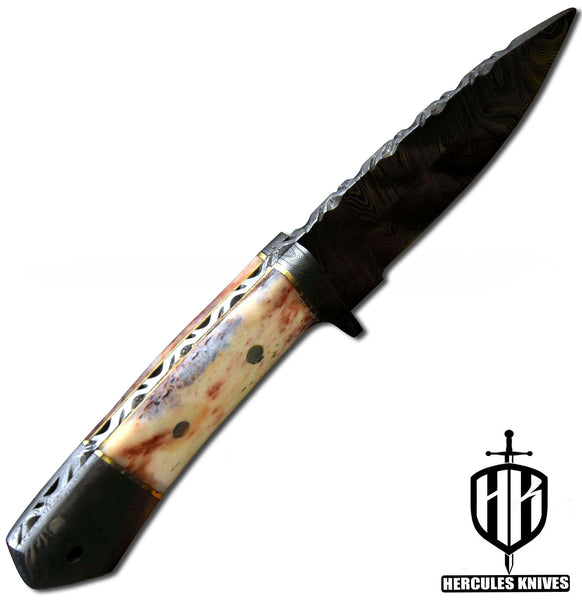 J644-Custom Hand Forged Damascus Steel Fixed Blade Camping Knife with Camel Bone Handle | Handmade | Leather Sheath