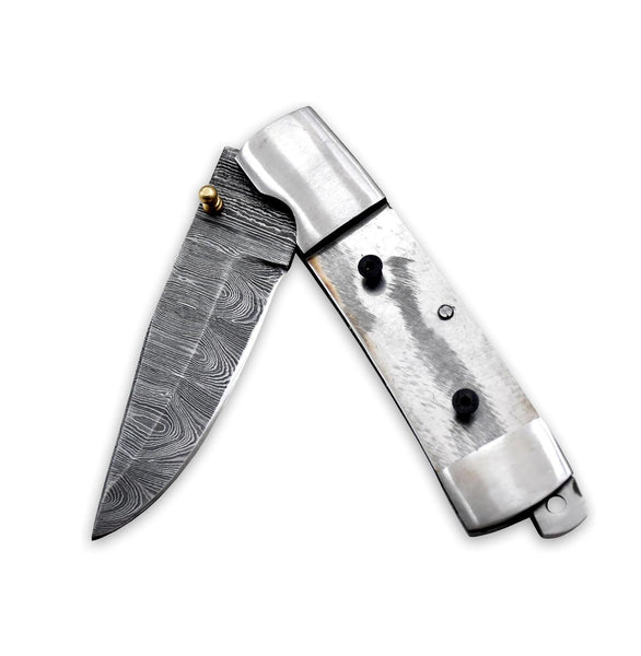 AZ4-Custom Hand Forged Damascus Steel Pocket Folding Blank Knife Camping EDC Knife With Steel Bolster