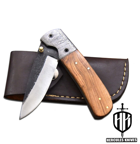 C587-EDC Pocket Folding Knife Custom Hand Forged Hammered Spring Steel 5160 With Olive Handle and Leather Sheath