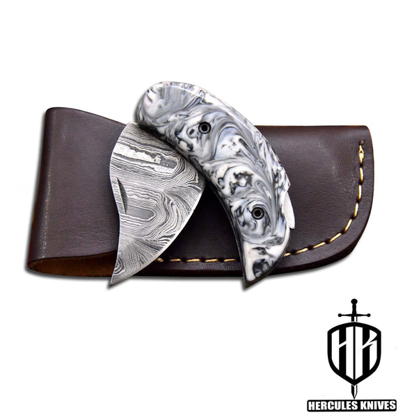 C604-EDC Pocket Folding Knife, made of Custom Hand Forged Damascus Steel with Resin Handle and Leather Sheath