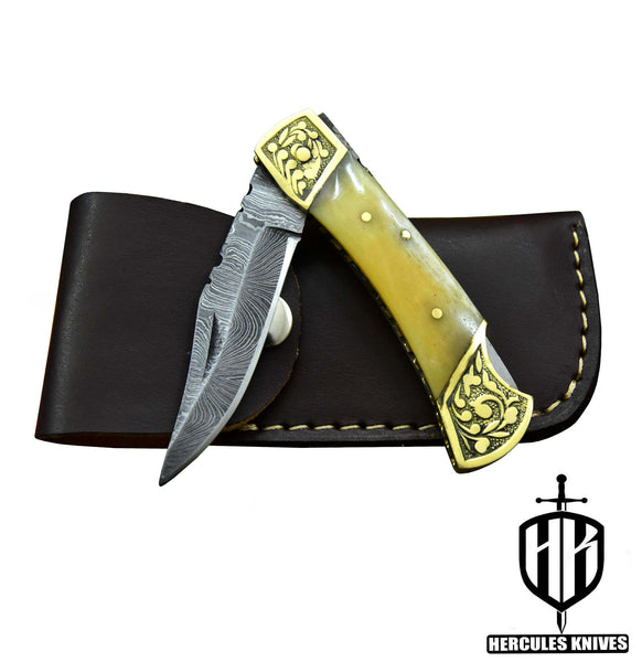 C513-EDC Pocket Folding Knife, Made of Custom Hand Forged Damascus Steel with Camel Bone Handle and Leather Sheath.