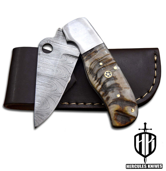 C632-EDC Pocket Folding Knife, Made of Custom Hand Forged Damascus Steel With Rams Horn Handle and Leather Sheath