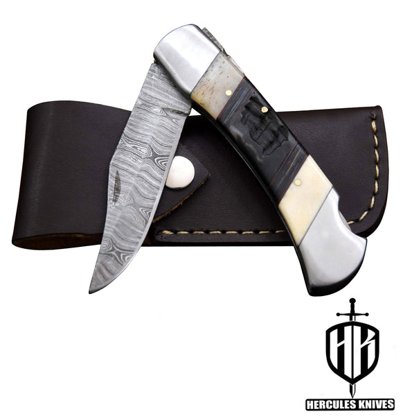 C628-EDC Pocket Folding Knife, Made of Custom Hand Forged Damascus Steel With Camel Bone & Rams Horn Handle and Leather Sheath