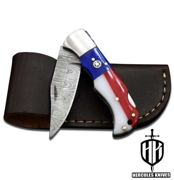 C656-EDC Pocket Folding Knife, made of Custom Hand Forged Damascus Steel with Texas Handle and Leather Sheath.
