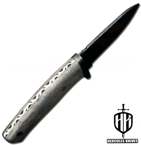 J704-Custom Hand Forged Damascus Steel Fixed Blade Camping Knife with Camel Bone Handle | Handmade | Leather Sheath